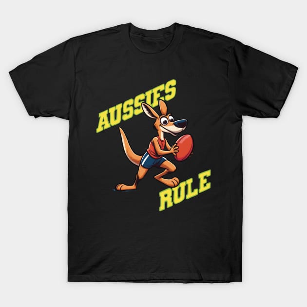 Aussies Rule Cute Funny football Kangaroo T-Shirt by LozsArt